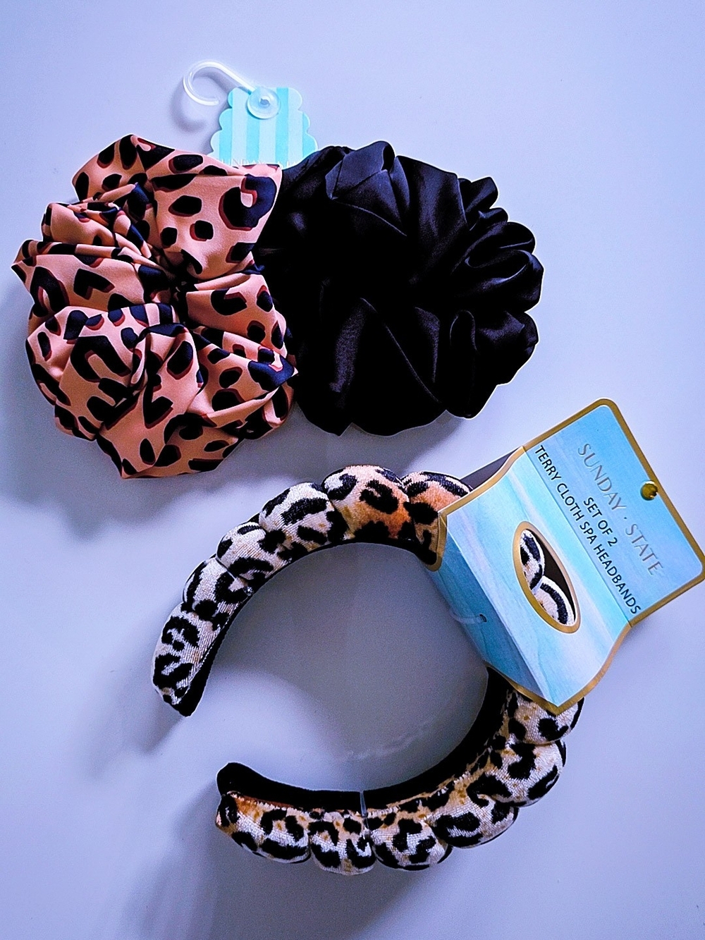 Sunday State Leopard & Black Satin Scrunchie Set with Leopard Headband